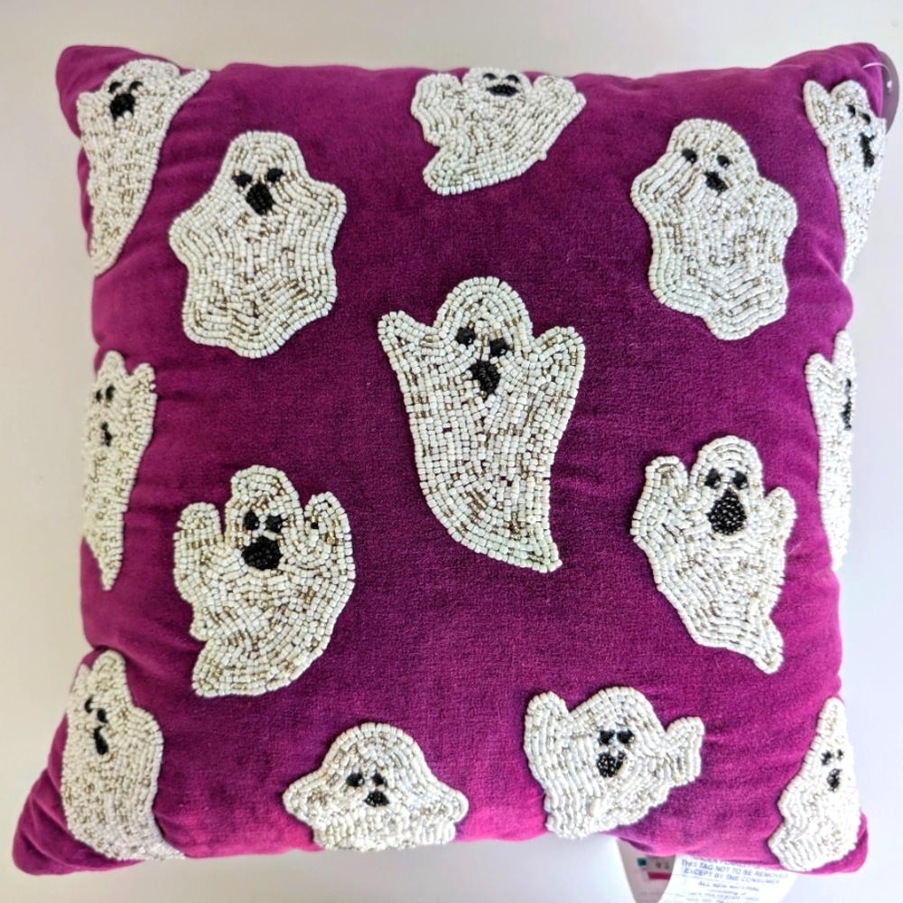 NWT Halloween Ghost Beaded Pillow 18x18" Purple Velvet Ghoul Spooky TikTok Viral